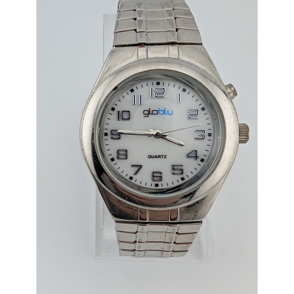 Globlu Watch Men Silver Tone White Dial Easy Read Stretch Band- New Battery